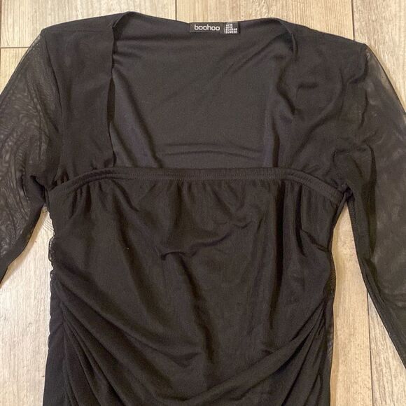Boohoo Black W/ Sheer Sleeves Rouched Dress Size 12 - Picture 4 of 8